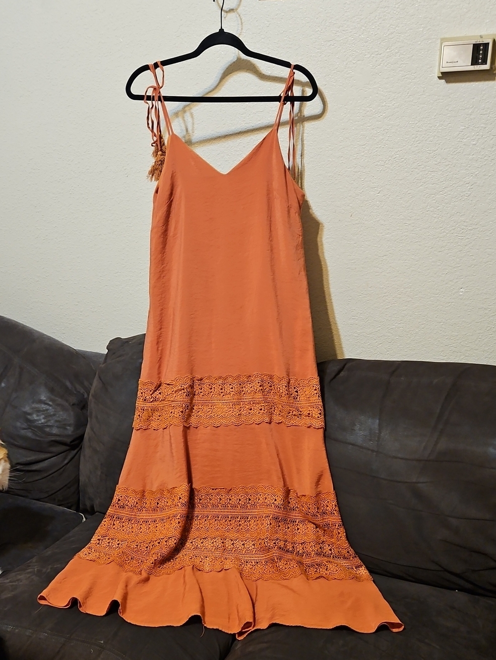 Elan Rust Crochet-Trim Maxi Slip Dress